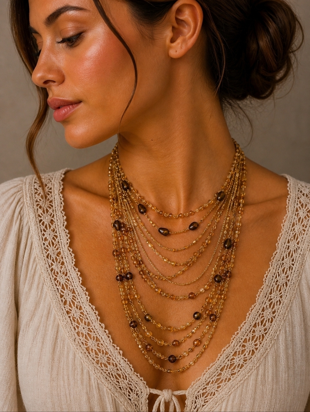 NANCY & RISE 1980s Ambertone Beaded Chain Layered Western Festival Necklace